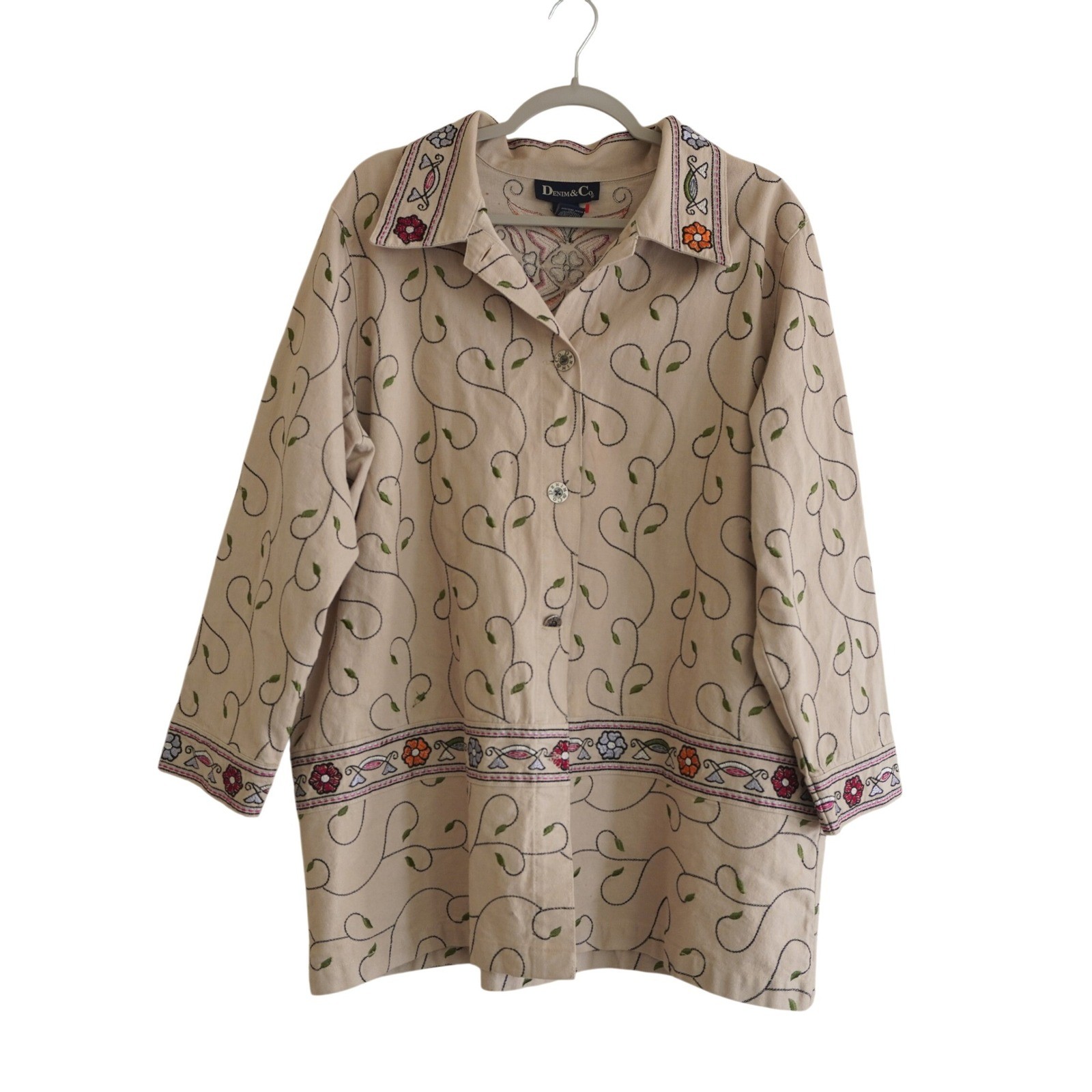 Denim & Co Tan Embroidered Floral Cotton Jacket Plus Size 1X Cottagecore Boho