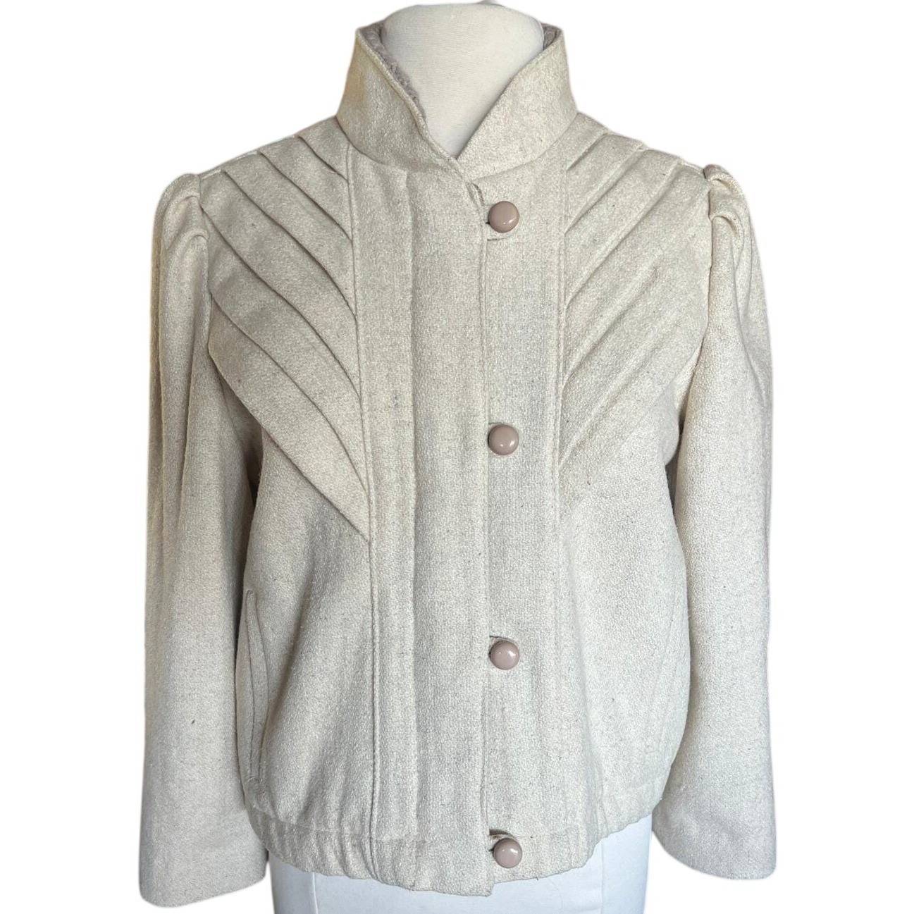 Vintage 70s Cream Wool Pleated Sunburst Jacket Puff Shoulder Quiet Luxury