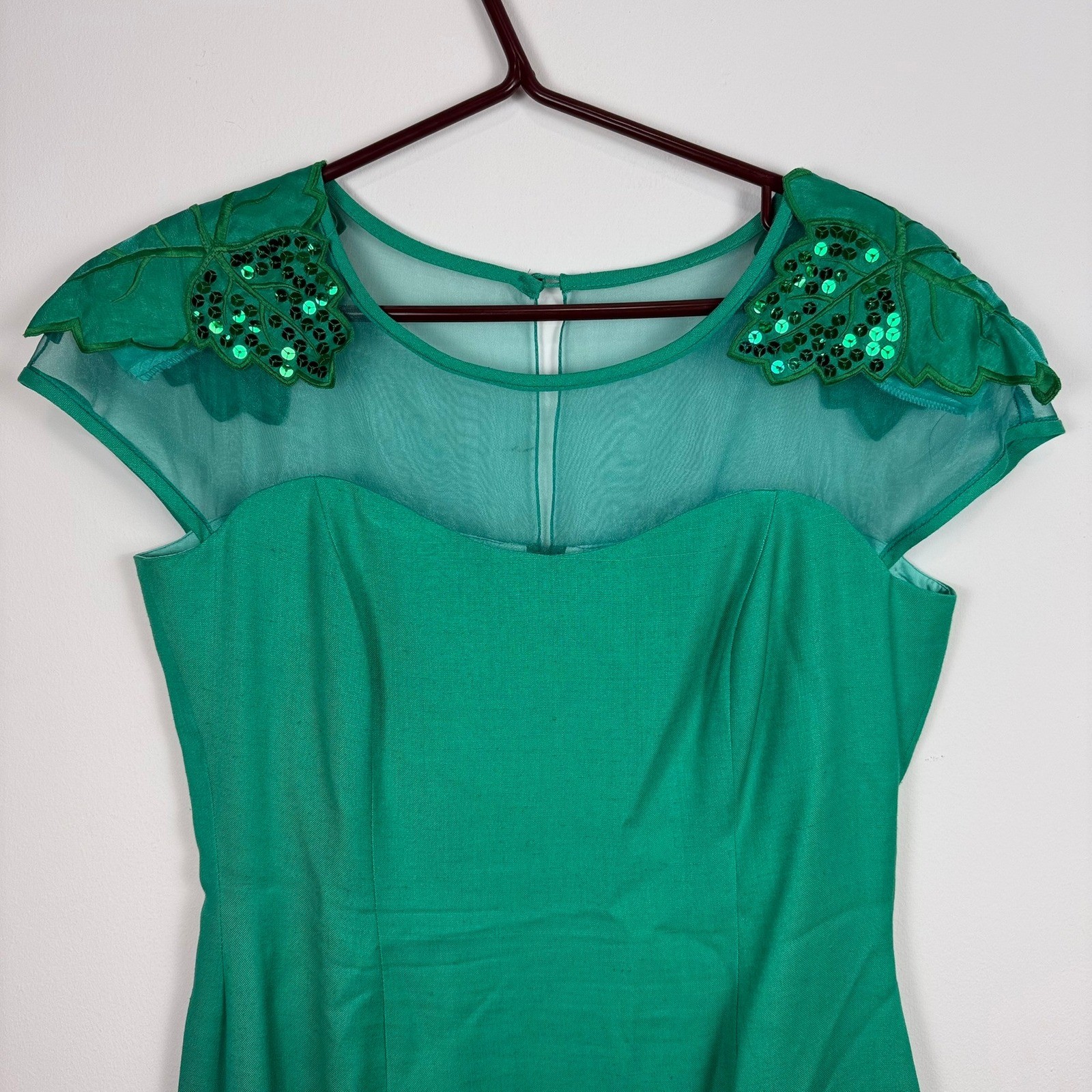 80s Liptons VTG Emerald Green Sequin Leaf Mesh Sheath Dress 12 Made in Canada
