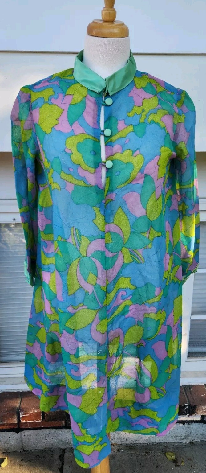 VTG 60’s ALOHA DRESS HAWAIIAN TEXTURE FABRIC FLORAL GROOVY Sheer