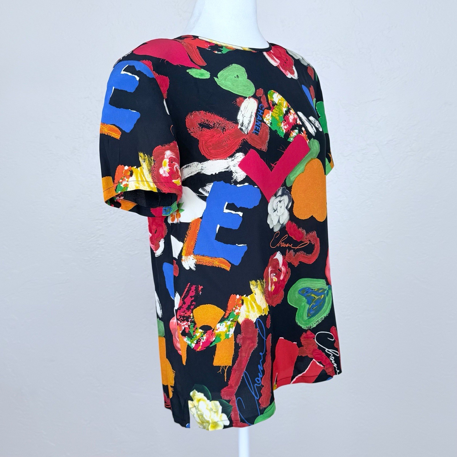 Chanel Vintage Iconic Spring 1992 Multicolor/ Black Silk T-Shirt Size 40 FR 8 US