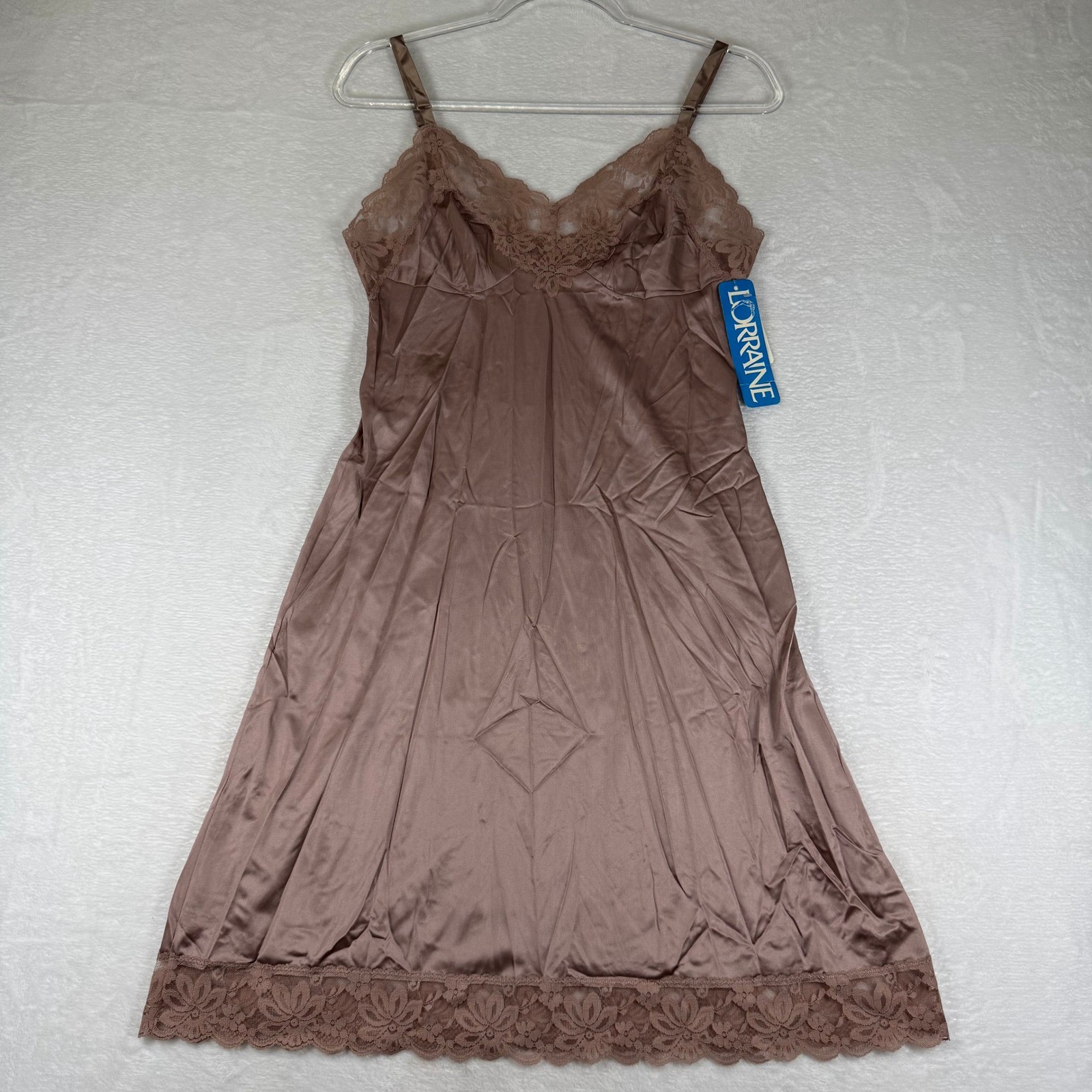 Vintage Lorraine Mink Brown Lace Trim Full Slip Dress Made in USA New NWT 34