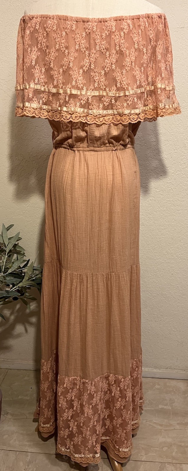 Vintage Young Edwardian Arpeja Peach Maxi Dress Gauze Lace Peasant Prairie Boho