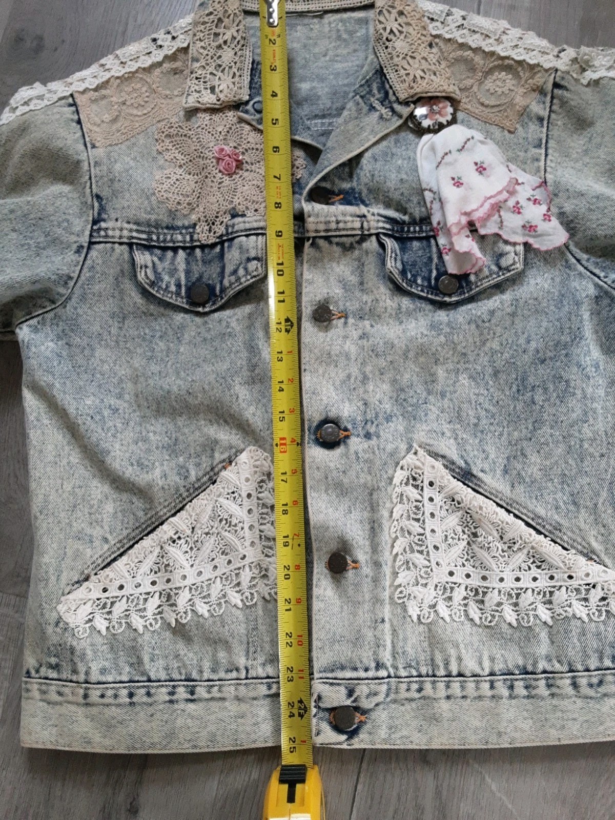 VTG Denim & Old Lace Embellished Jacket Embroidery Boho Chic Cottagecore M-L