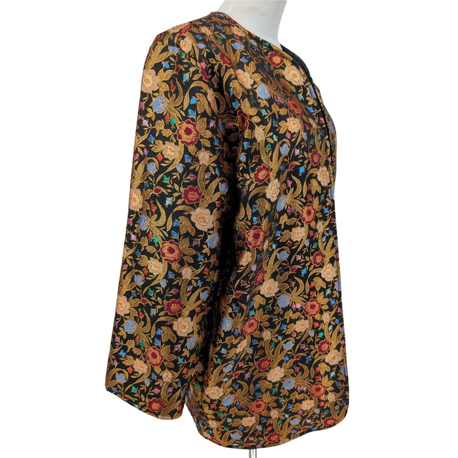 VTG 80s Satin Floral Brocade Jacket Womens M Black Gold Boho Chic Regency Whimsy