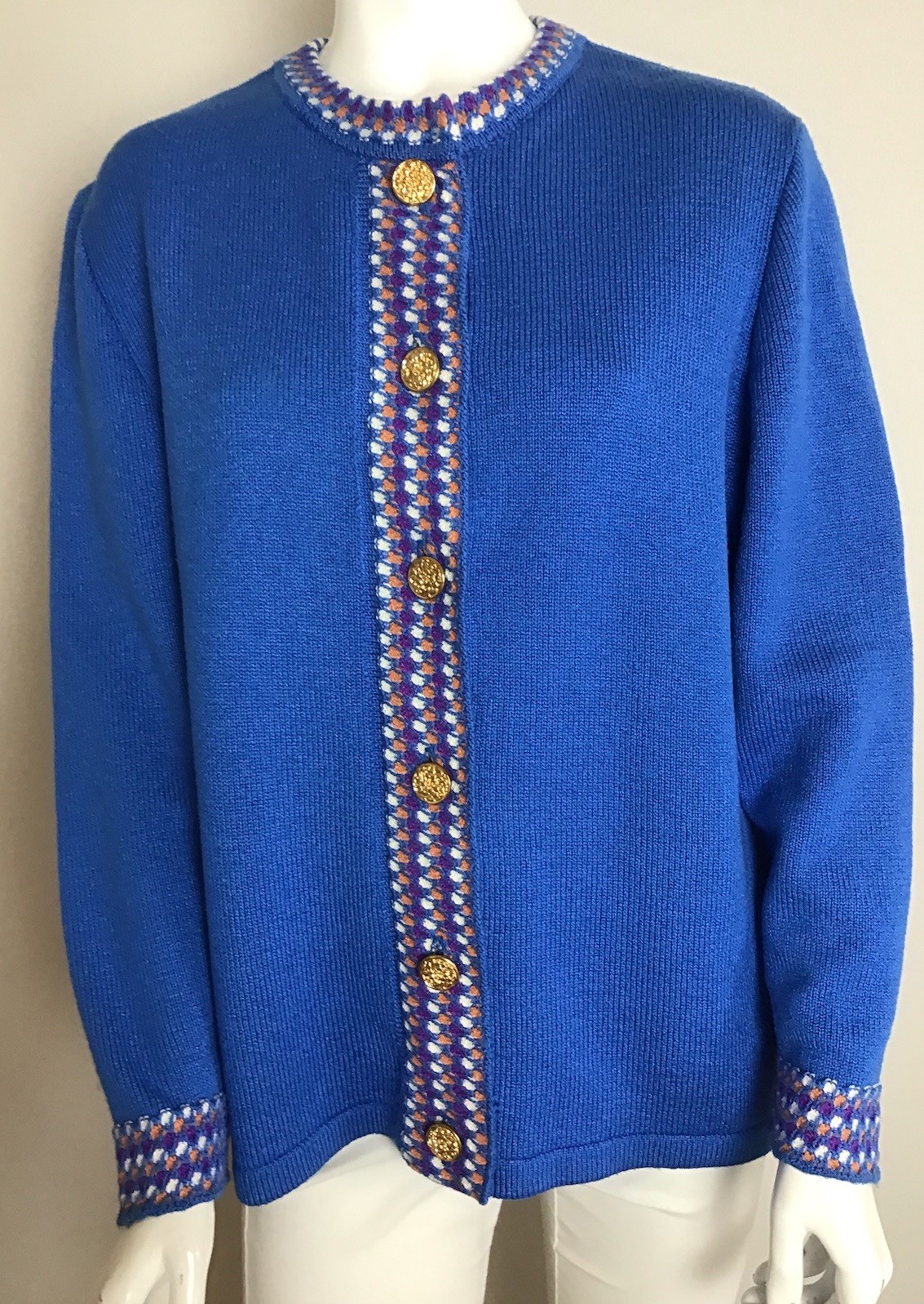 Vtg 80s Castlebrook Peacock Blue Cardigan Sweater 18 Grandmacore Maximalism USA