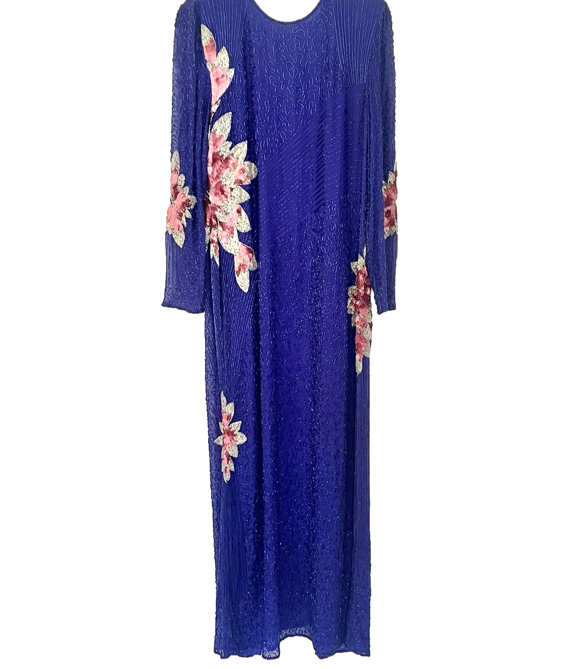 Vintage 80s Cobalt Blue Pink Silk Beaded Floral Maxi Duster Jacket Sequin