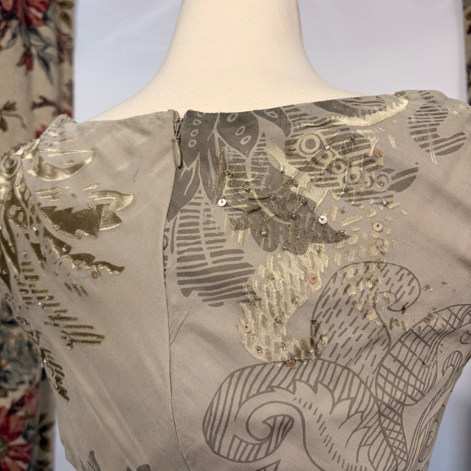 Alex Evenings Vintage Beige Floral Beaded gown with gorgeous fringe detailing
