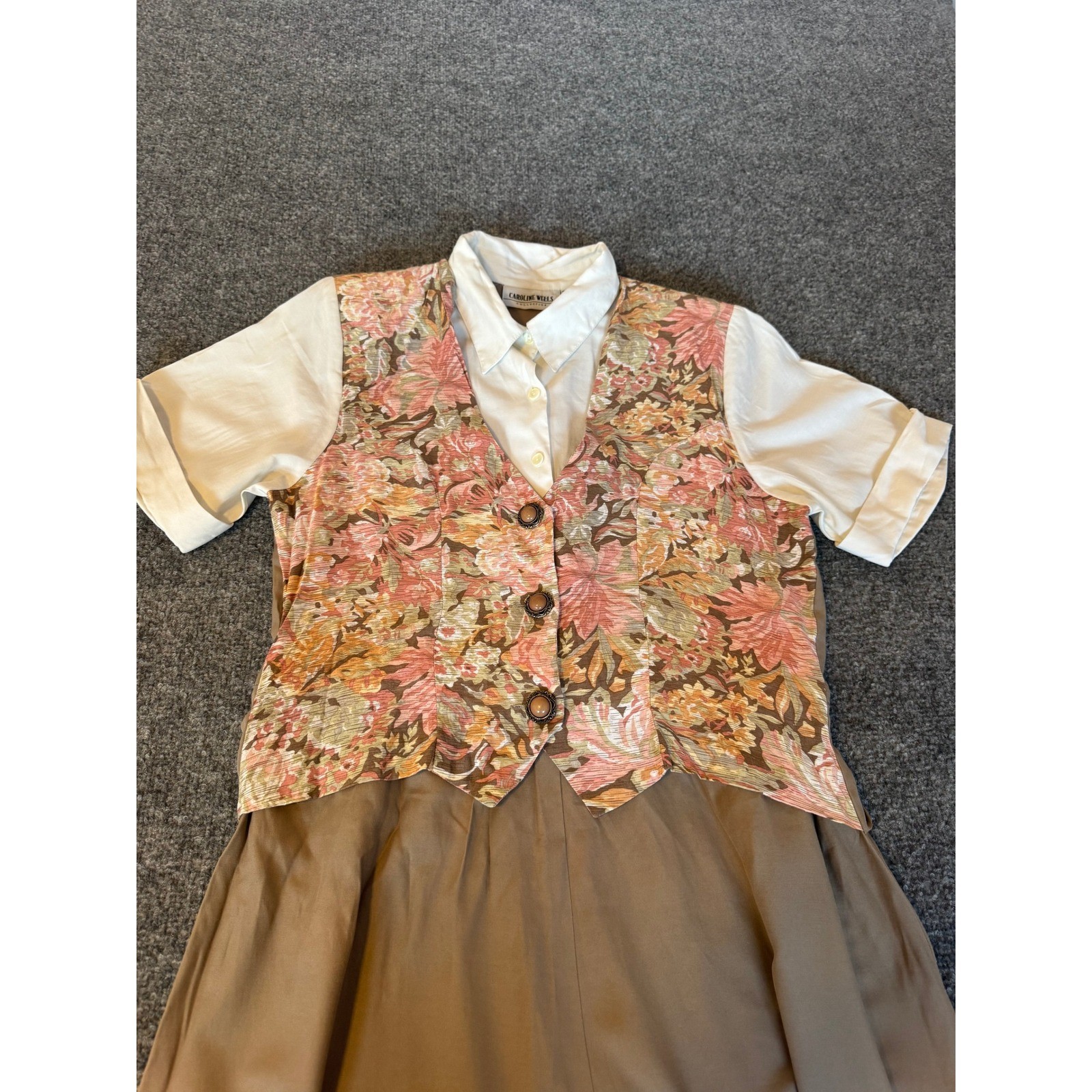 VTG Carole Little Floral Vest Layered Midi Dress Tan Pink 90s Cottagecore SZ 10