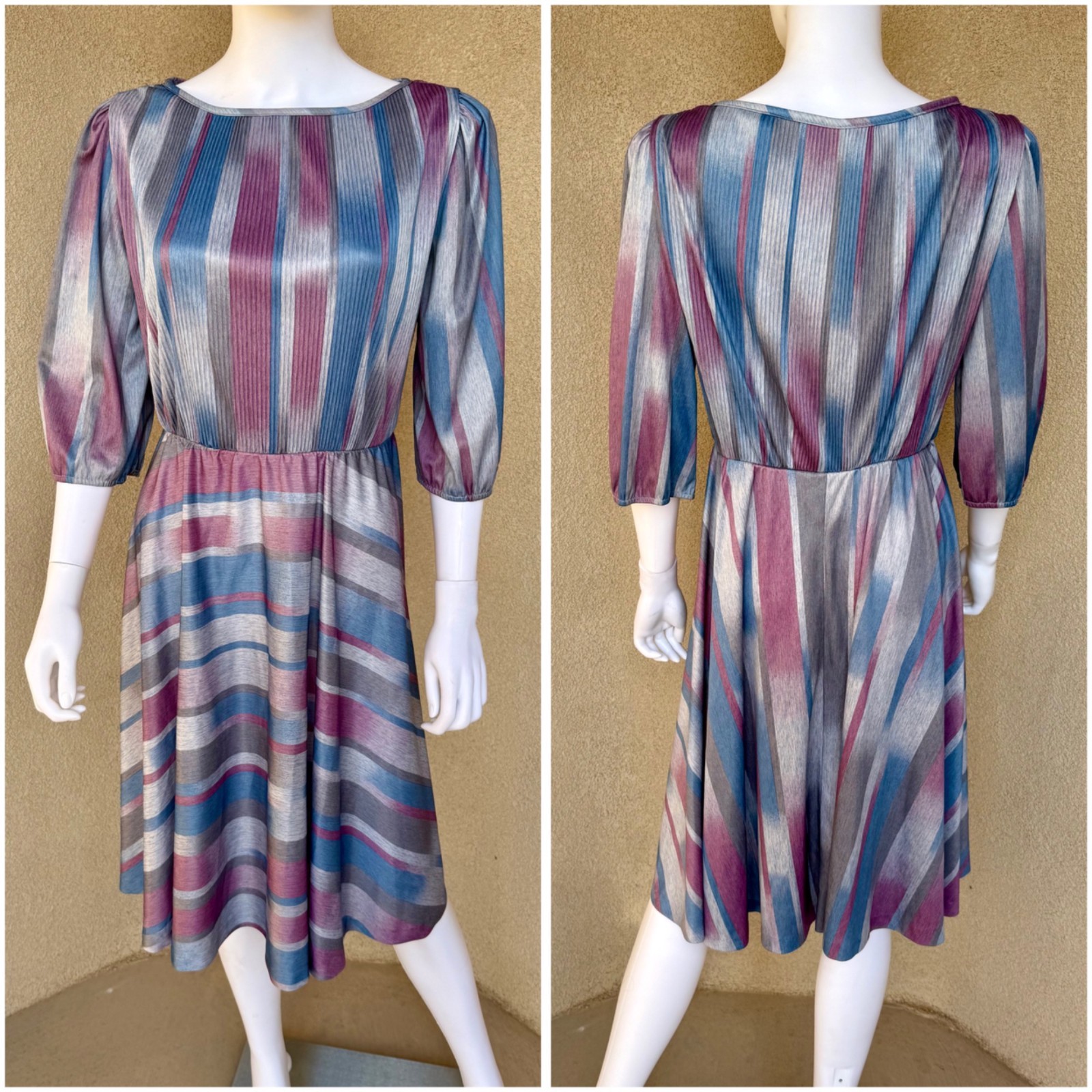 Vintage 70s Monochromatic & Muted Tones Striped Dress