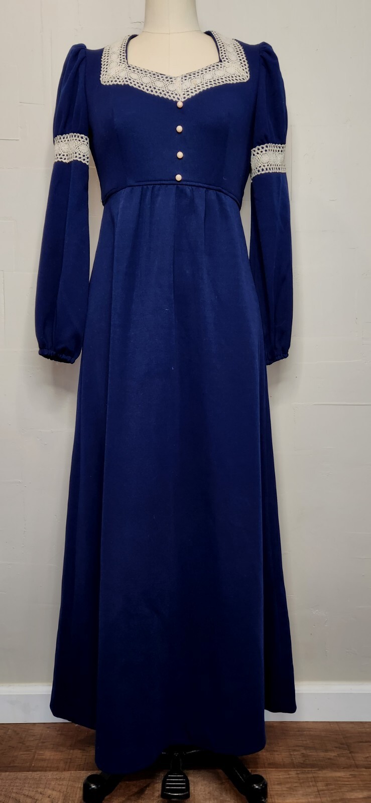 Vintage 70s Royal Blue Ivory White Lace Maxi Dress Tie Empire Waist S or M