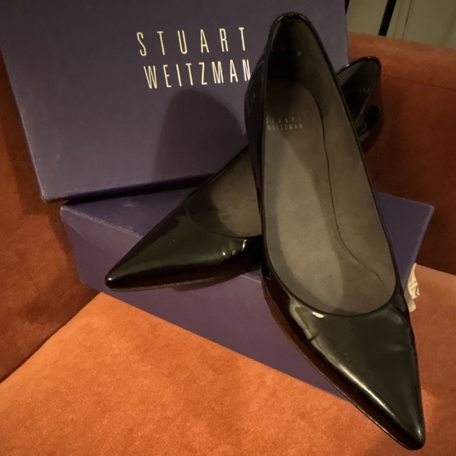 Stuart Weitzman Black Patent Leather Solid Pointed Toe Slip On Pumps 9
