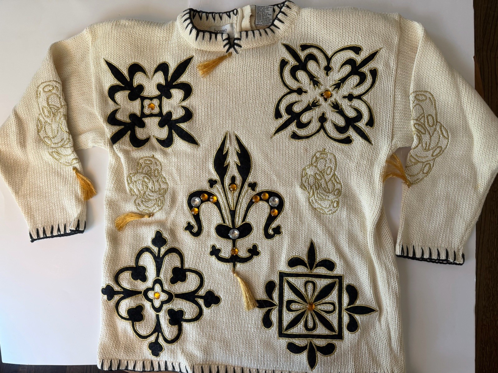 Vintage Bonnie & Bill Sweater S Cream Fleur De Lis Knit Embroidered Tassel 80s