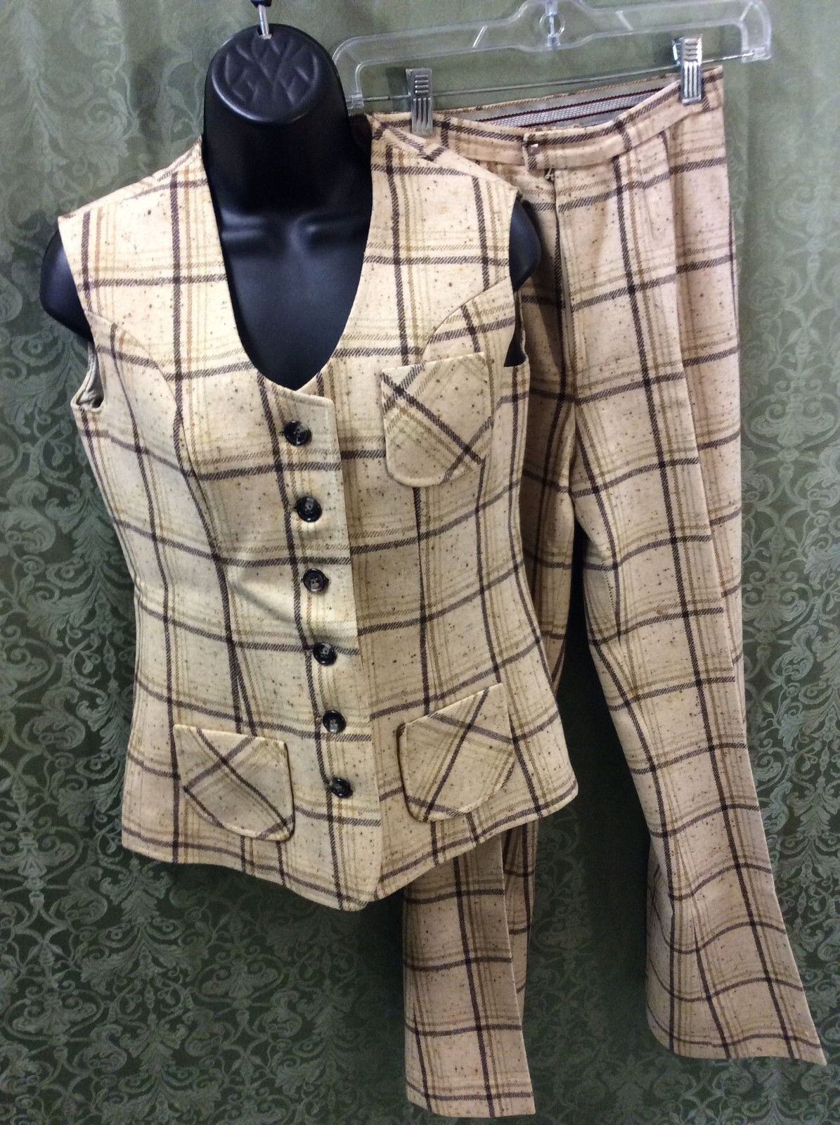 wool Suit XS 34 top 22X28.5 pant tan Brown 2 Piece Pant Suit Vintage 70’s plaid