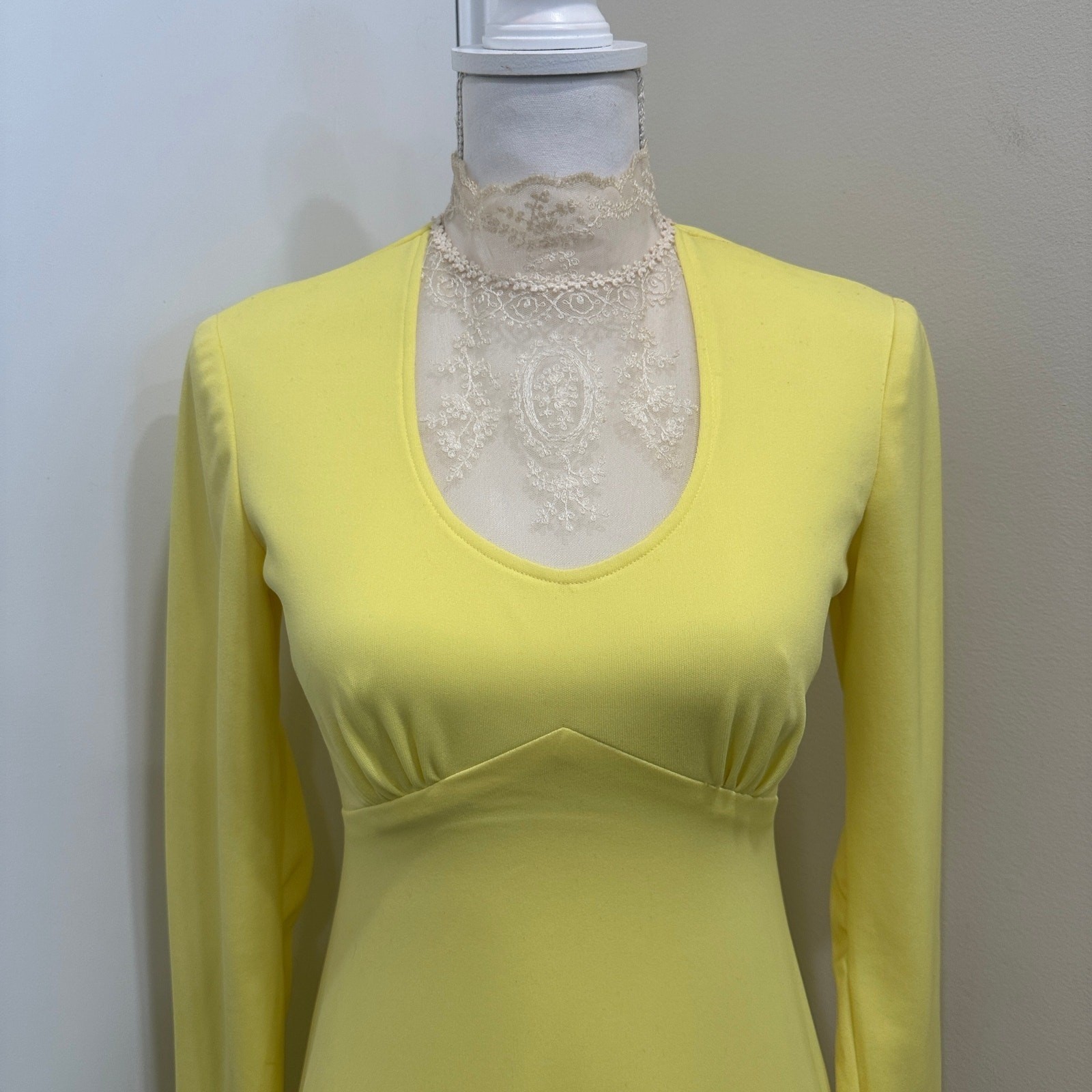 Vintage 1970s Victorian Edwardian Revival Yellow Lace Neck Maxi Dress Costume XS
