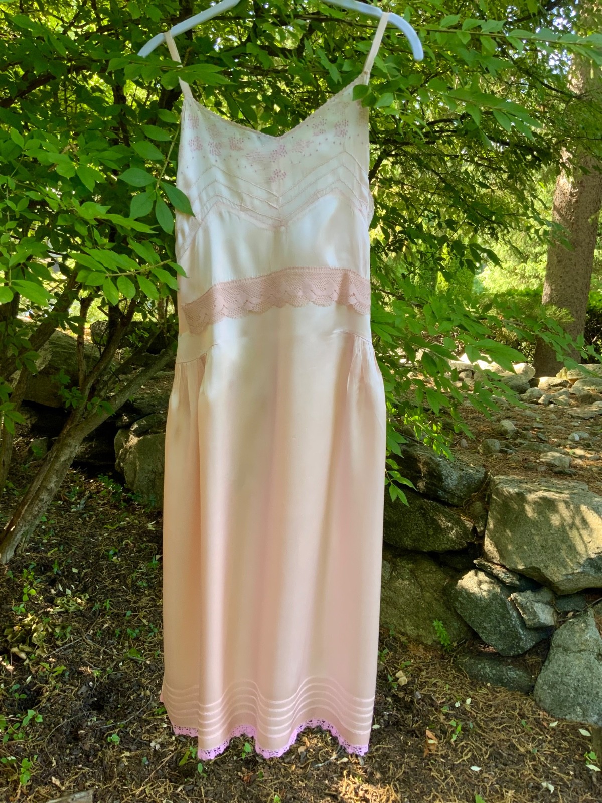 Rare 1930s Blush Pink Satin Boudoir Gown with Embroidery & Ribbon Sash-30DA