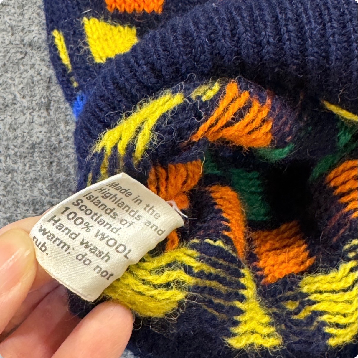 Vintage 80s 100% Wool Knit Sweater Navy Geometric Rainbow Made in Scotland S/M