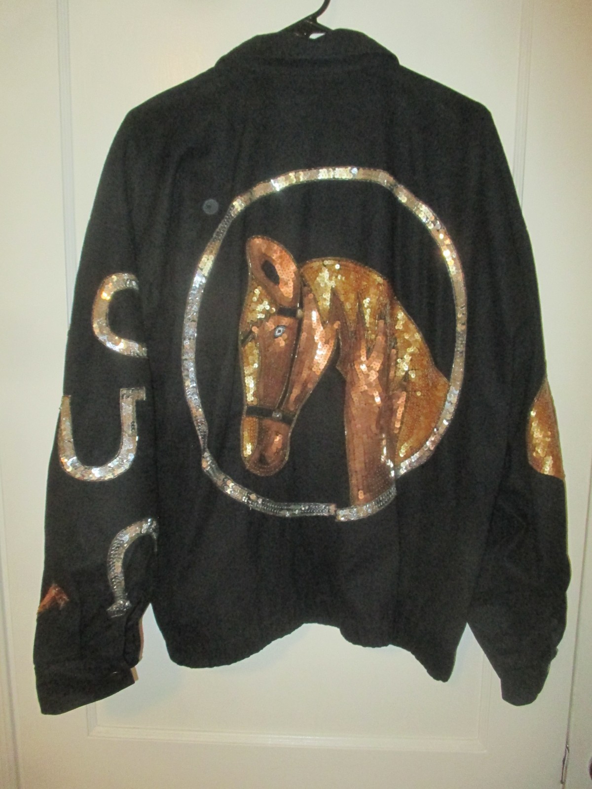 VTG MODI DENIM SEQUIN WESTERN HORSE HORSESHOES EQUESTRIAN WOMENS JACKET SML 6-8