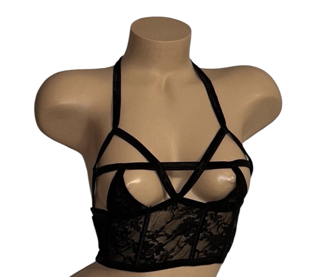 Black Sheer Lace Underwire Boned Tie Around Neck Bra Brassiere Bustier