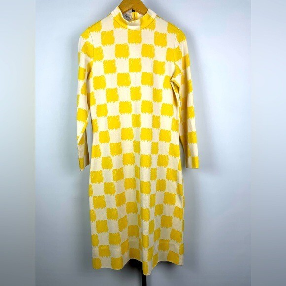 Vintage 60s 70s Amelia Gray Yellow Cream Checkered Long Sleeve Mock Neck Dress