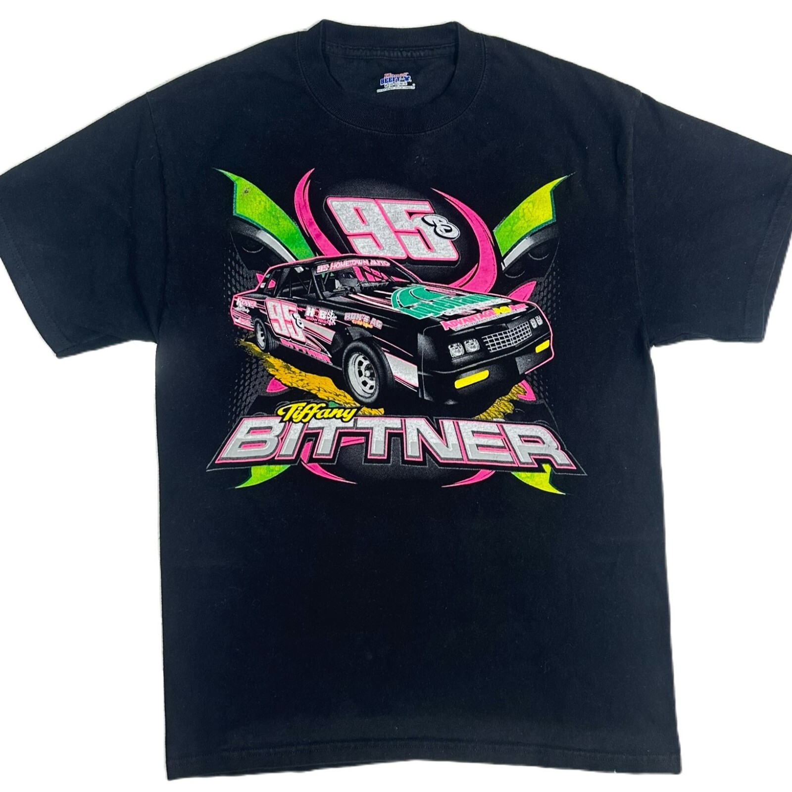 VTG IMCA Stock Car Women M Black Double Sided Neon Graphic Racing Shirt