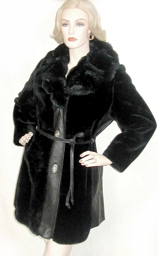Vintage 1960s BLACK FAUX FUR COAT w/ Faux Leather Trim 40B TWIST LOCK Closures