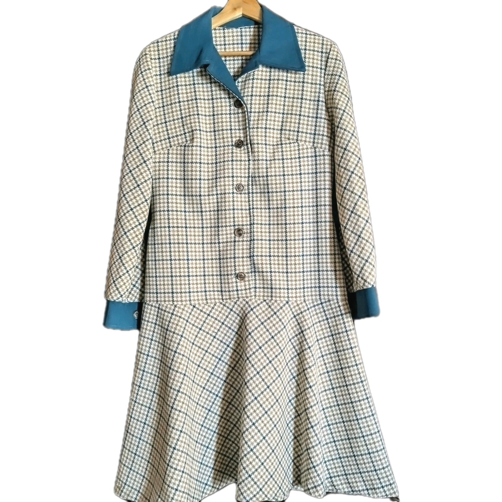 Vintage Handmade 70s Mod Plaid Shirt Dress Teal Collar Cuffs A-Line Retro Style