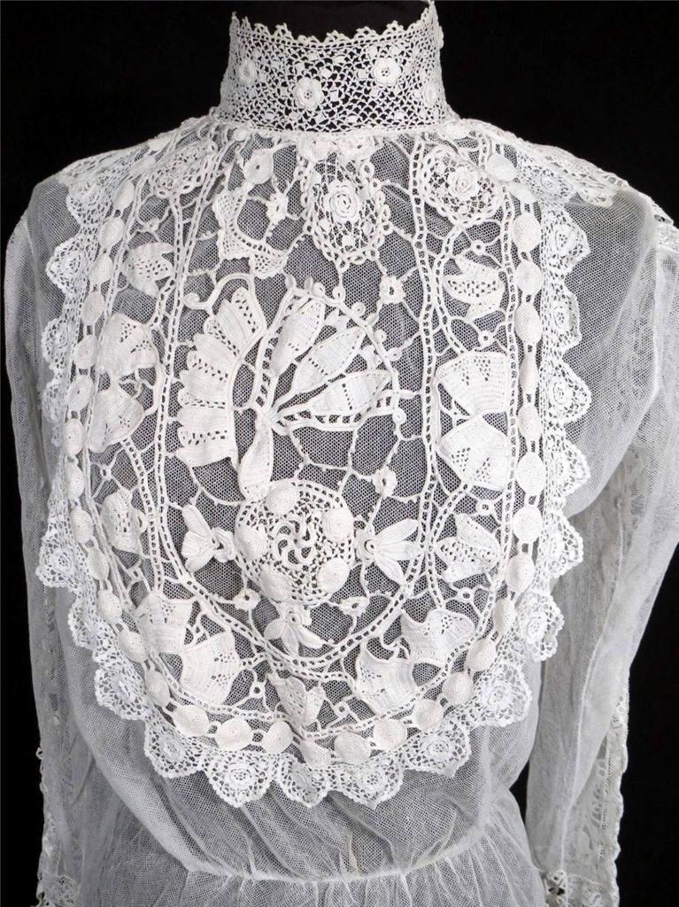 RARE ANTIQUE FRENCH VICTORIAN WHITE COTTON NET AND LACE BLOUSE SIZE 36-38