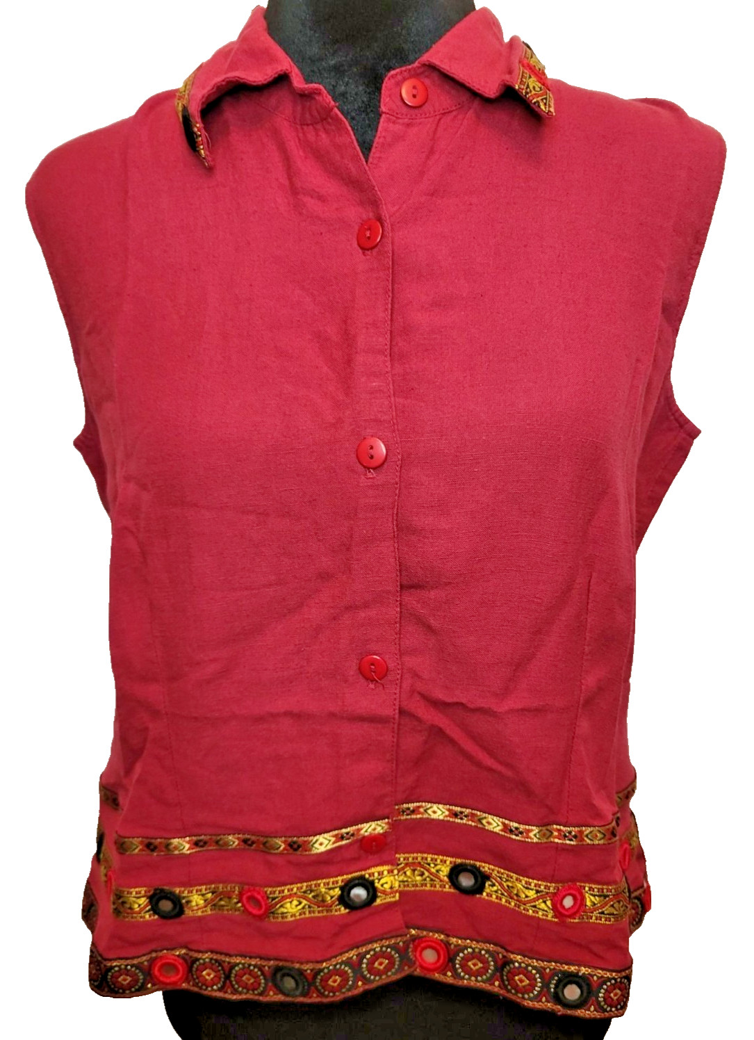 Studio Works Vintage 90s/Y2K Red Linen Blend Button Up M Boho Indie Embroidered