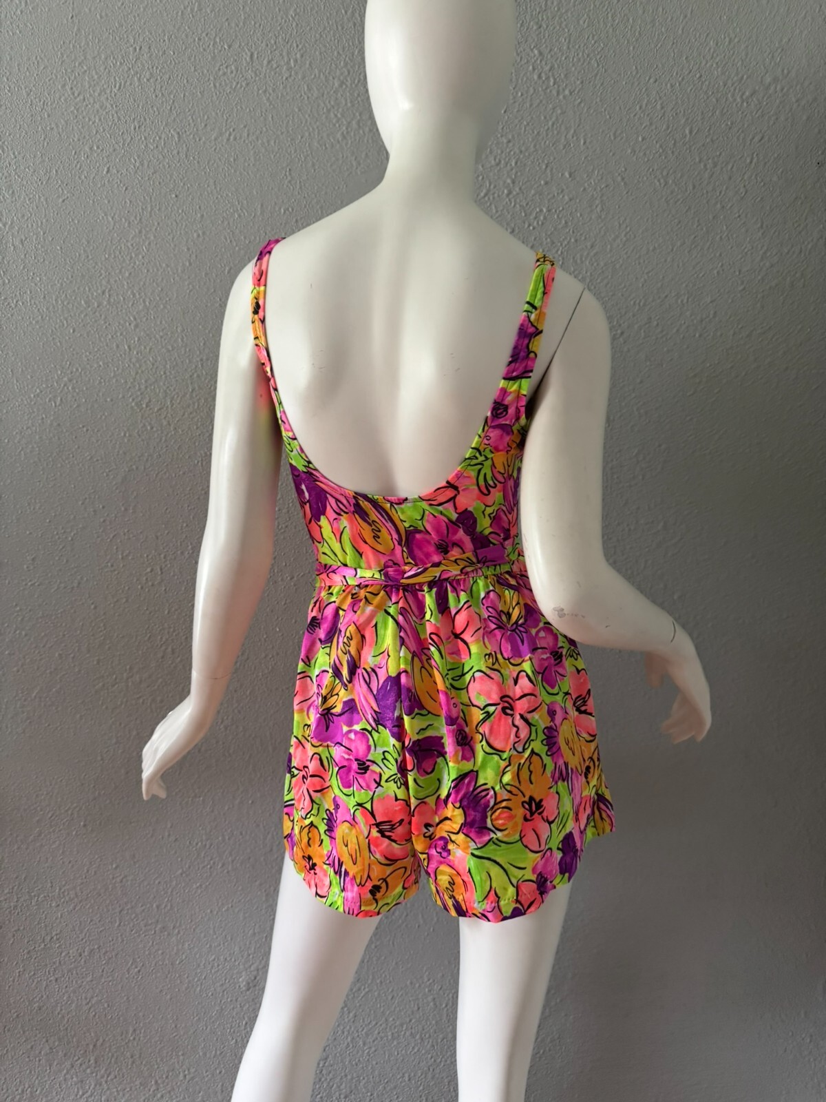 Vintage 80 Neon Colorful Pin Up RETRO Floral Romper Playsuit Swimsuit M