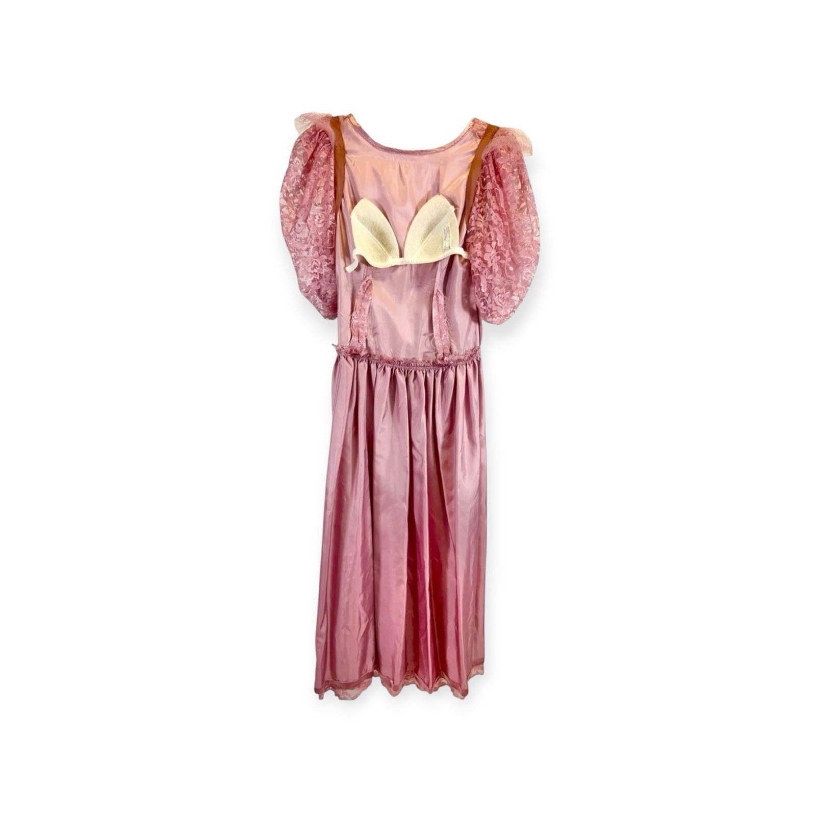VINTAGE 1980s PRETTY PINK LACE NEW WAVE PUFF SLEEVE PROM PARTY DRESS VICTORIAN