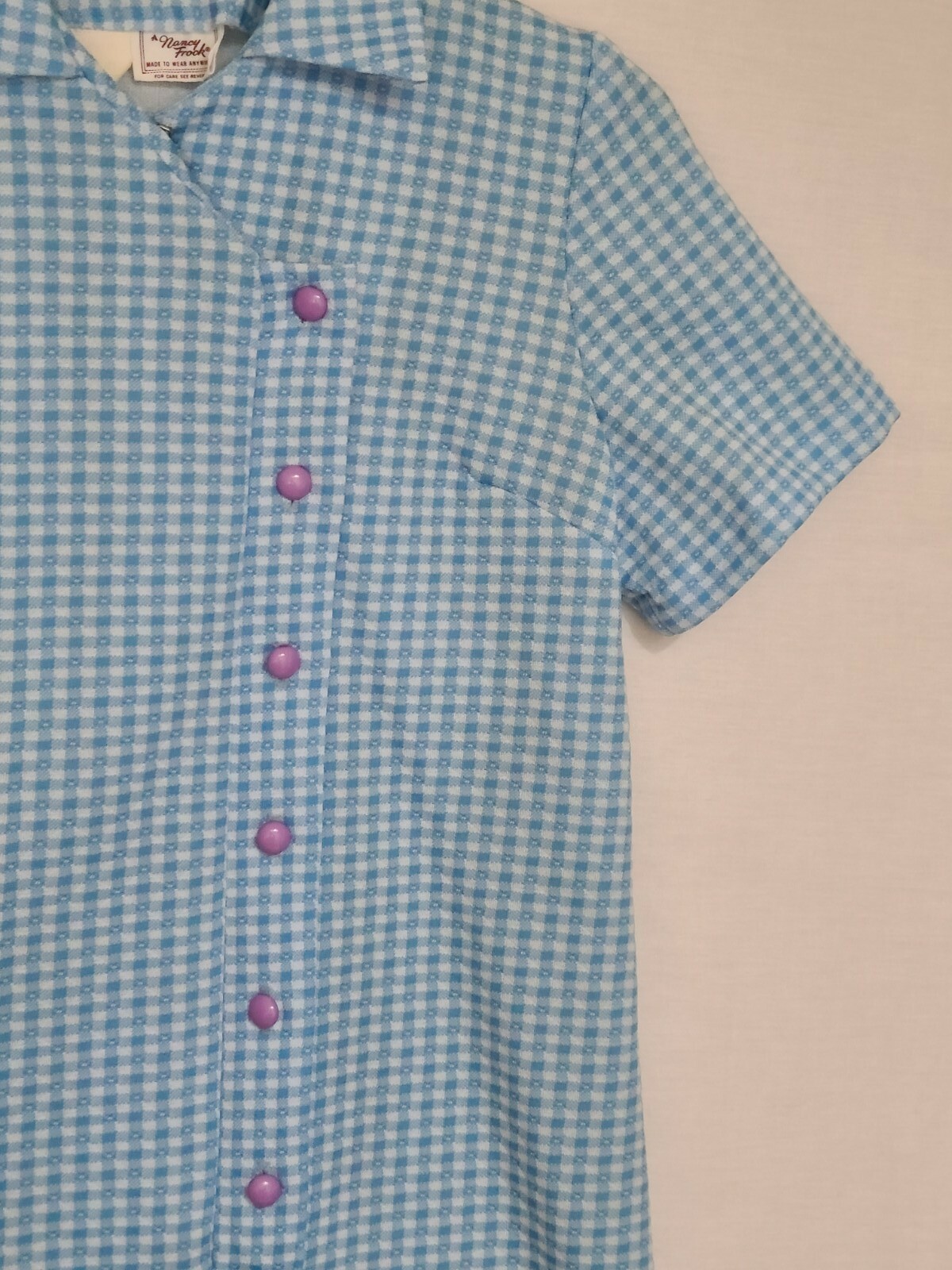Vtg ‘70s A Nancy Frock Belted House Dress Blue/White Gingham Asymmetrical Button
