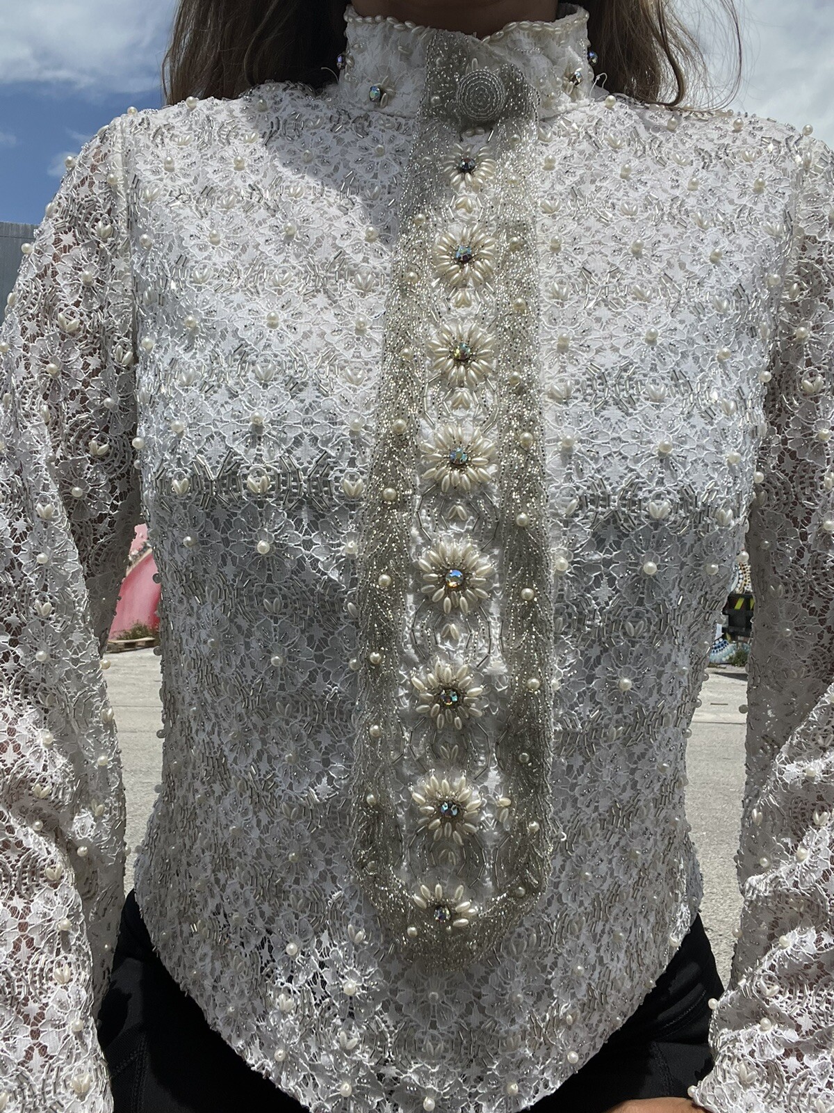 Rare 60s Vintage Valentina Designer Pearl Beaded Collared White Top Shirt