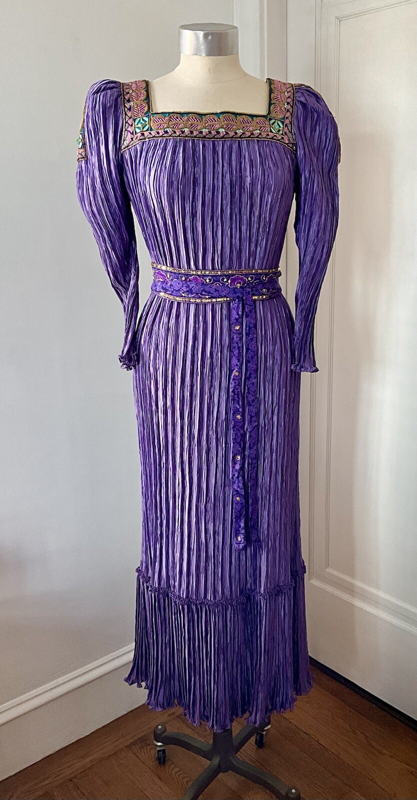 Vintage Early 80’s Mary McFadden Purple Pleated Gown Dress w/ Sash