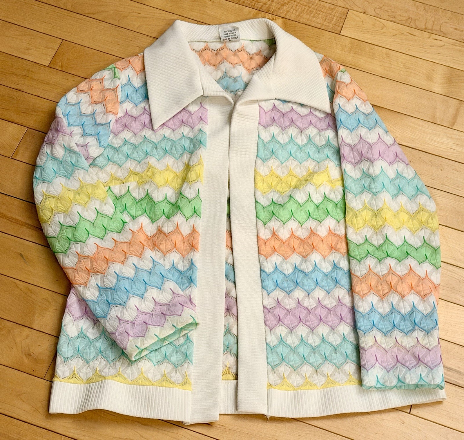Vintage 1970s Rainbow Chevron Open Knit Cardigan Mod Textured Sweater S/M 19×21