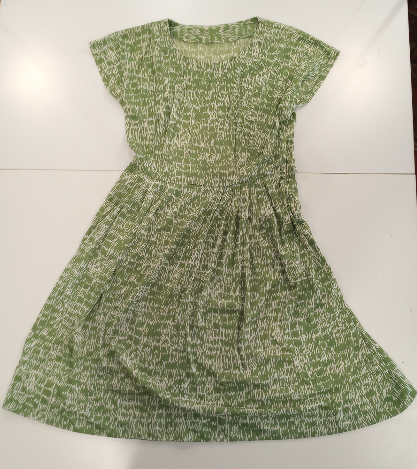 Vintage Green White Abstract Satin A Line Midi Dress Short Sleeve Side Zip