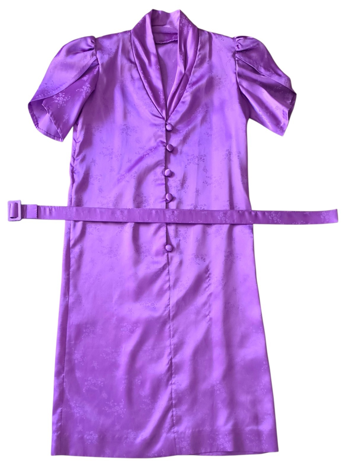 Vintage Custom Made Purple Floral Jacquard Satin Hostess Maxi Dress Belted