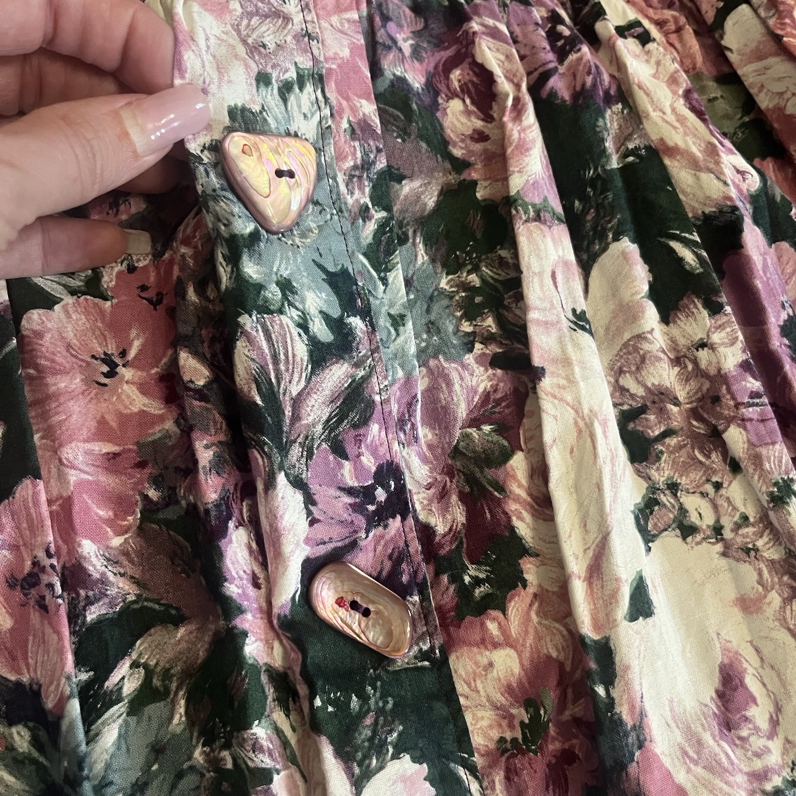 VTG Country Floral Jumper Dress Midi Mauve Rose Trad Cottage Prairie M L Cotton