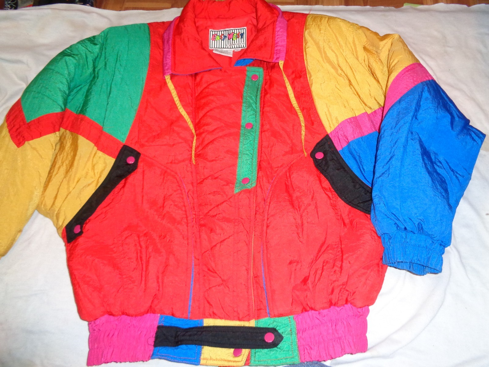 Vintage East West Color Puffer Jacket Coat Front Zipper Button Size Women Medium