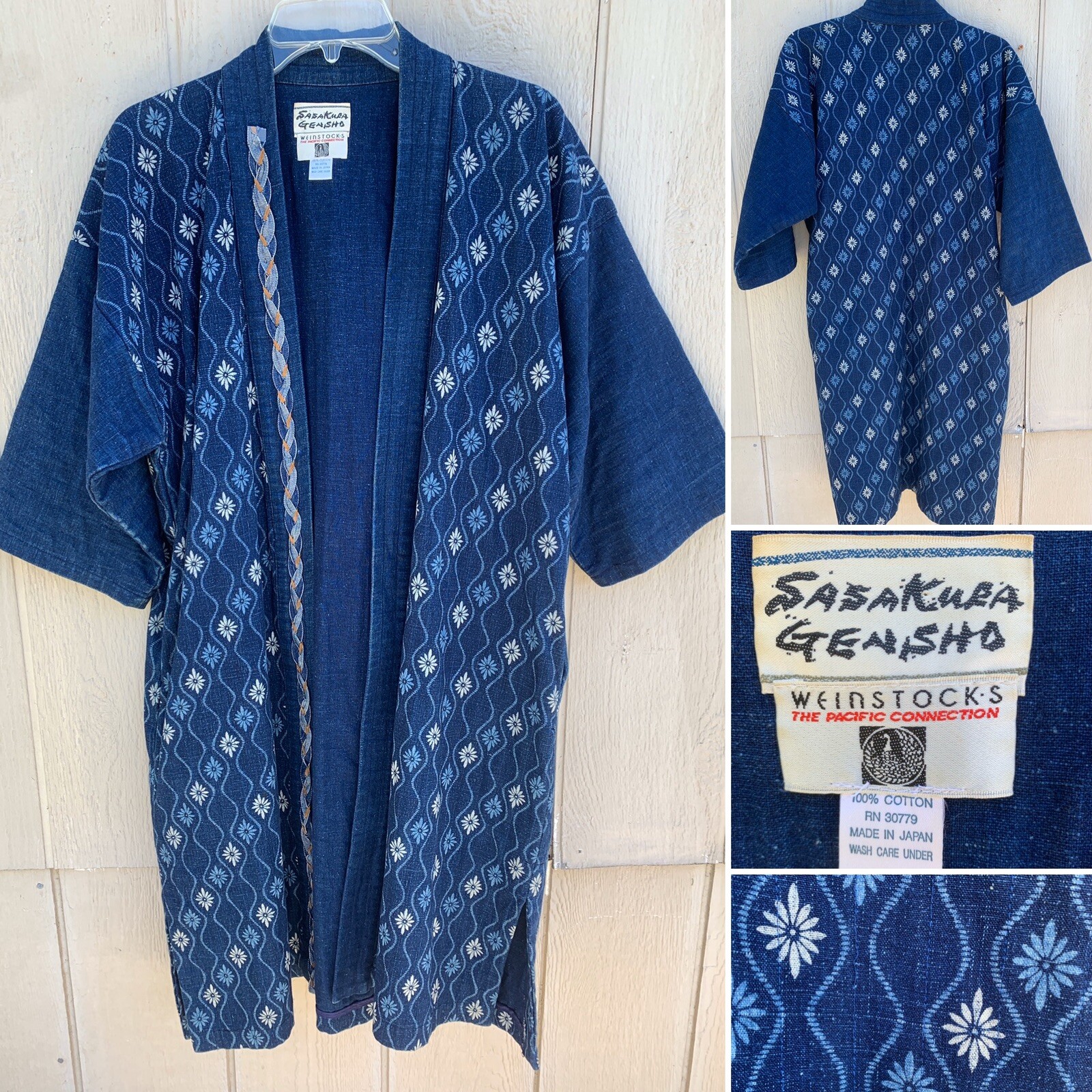 Vintage Sasakura Gensho Kimono Made In Japan Cotton Indigo Denim L