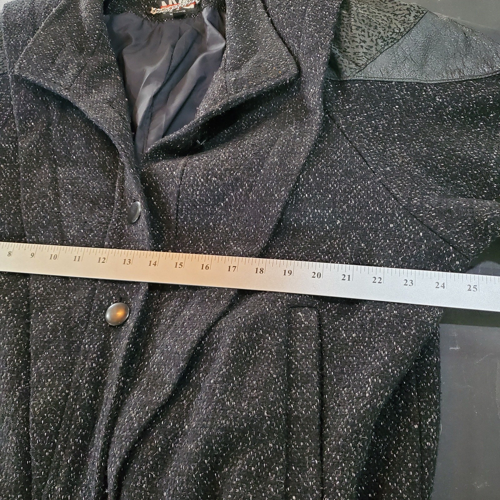 Vintage 80s Wool Leather Speckled Black Button Bomber Jacket Coat Size Medium