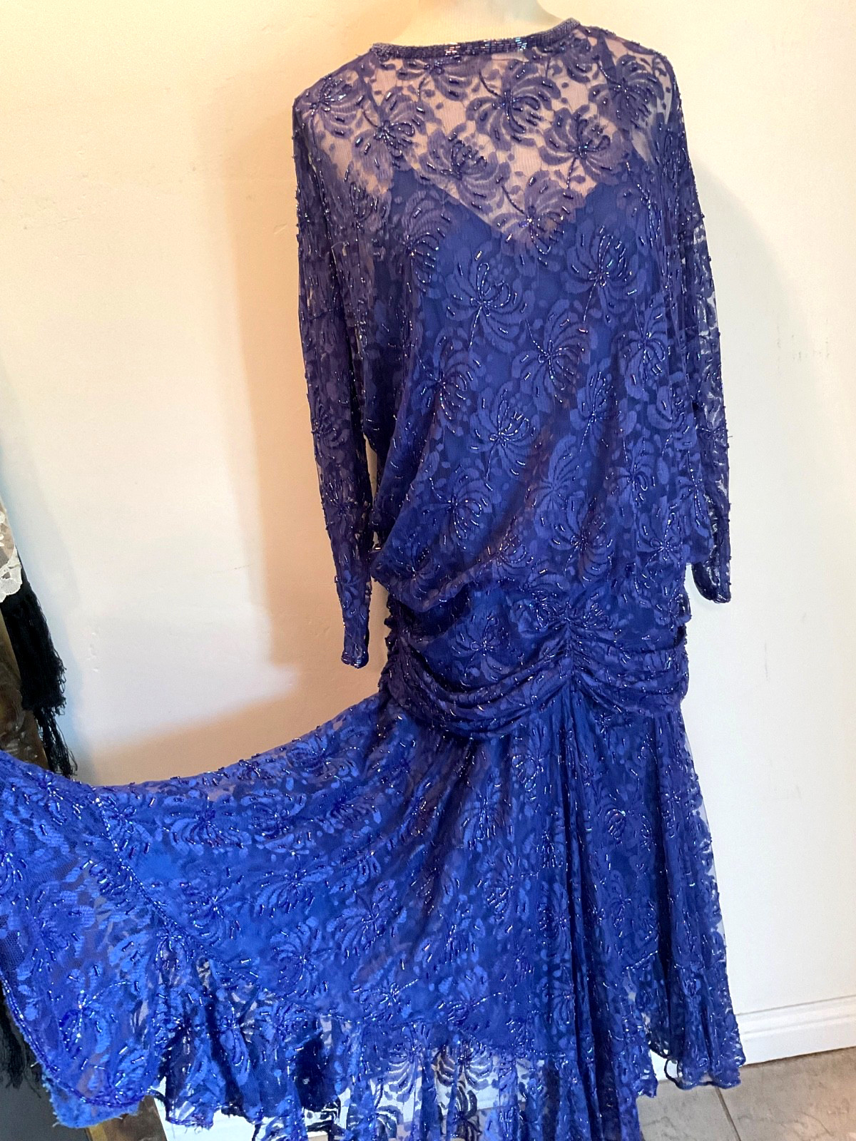 VTG 80s Art Deco Beaded Drop Waist Lace Gown Dark Blue Judith Ann Sz. Medium