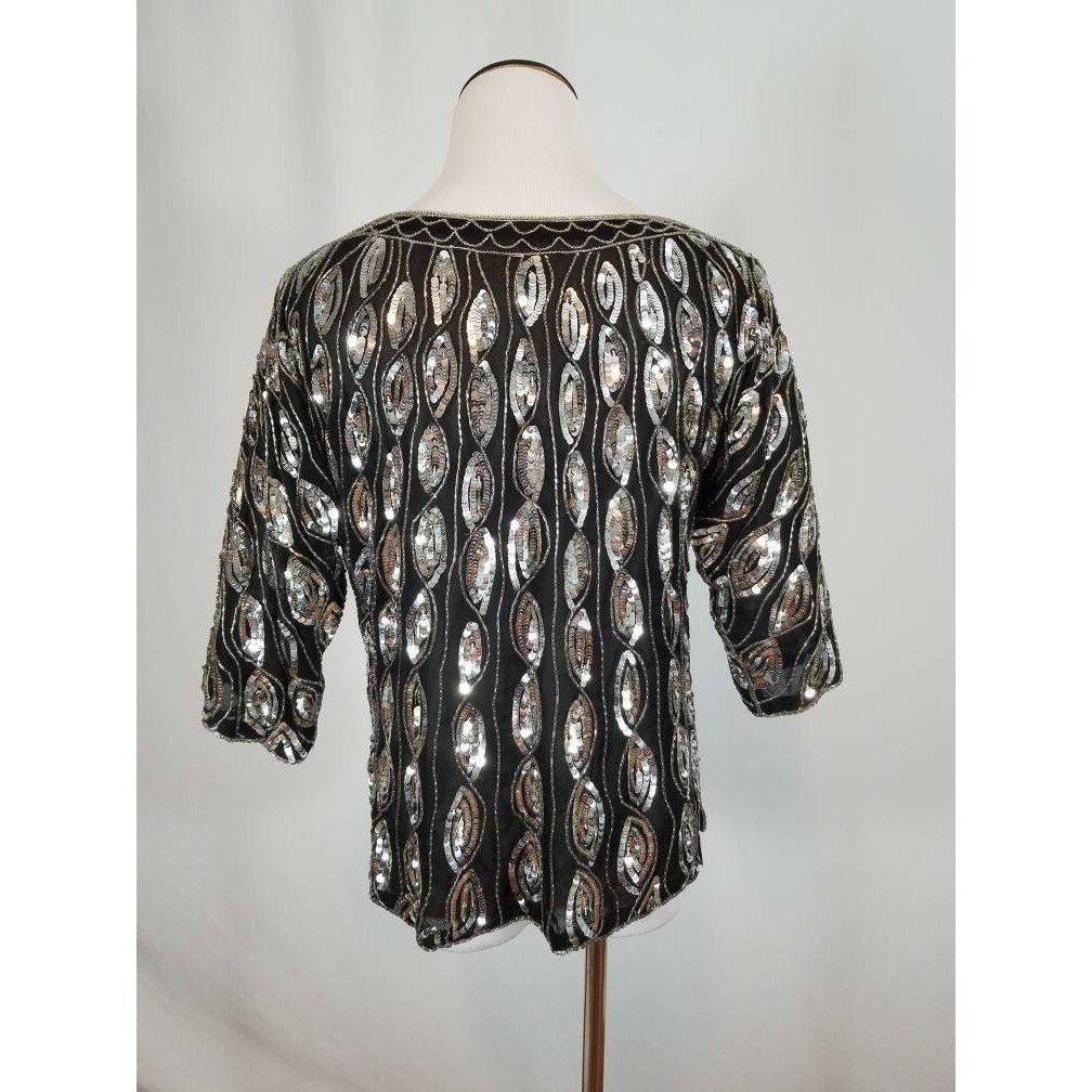 Vtg Sho Max NY Silver Sequin Silk Crepe Blouse Vertical Stripe Disco NYE Party S