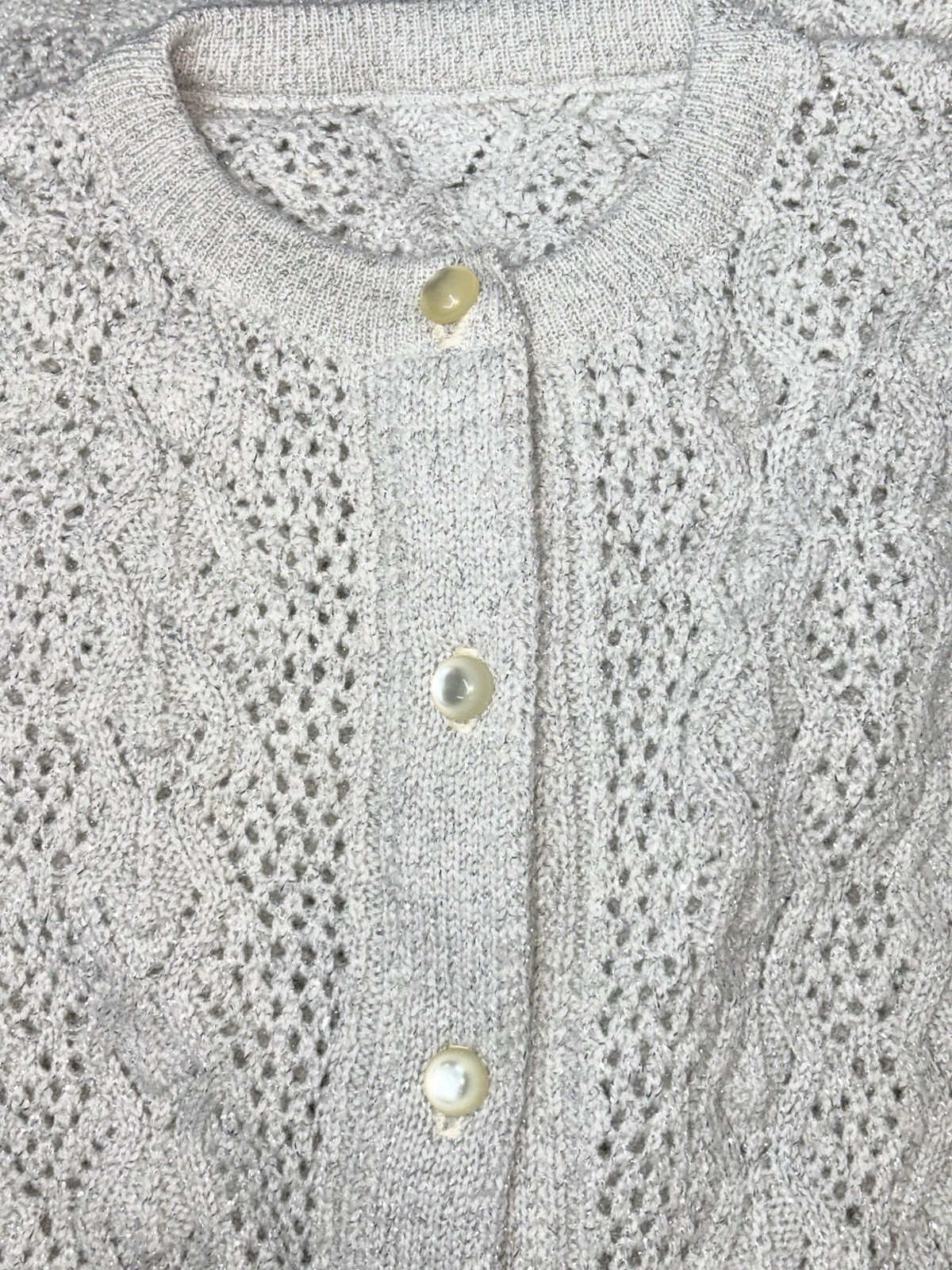 VTG 60s Women Size M Button Up Cardigan Sweater Scalloped Hem Silver Threading