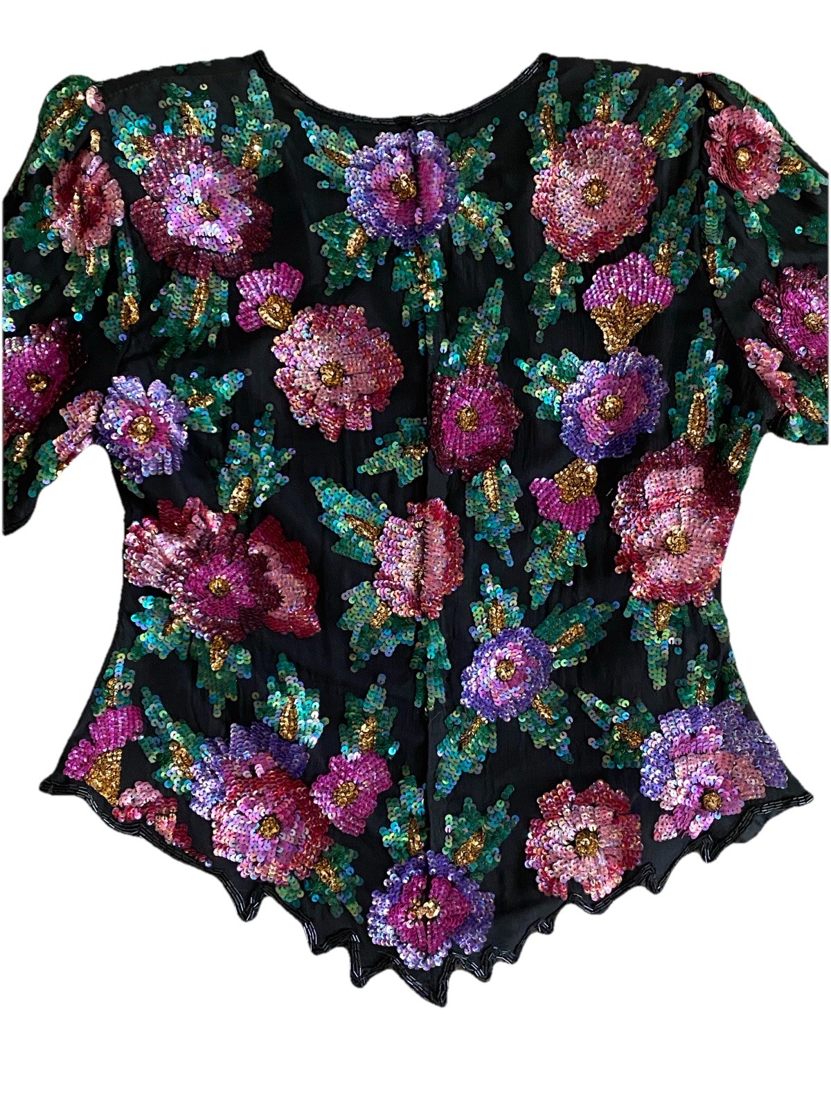 Vintage Laurence Kazar Sequin Silk Blouse Large Black Pink Purple Green Floral