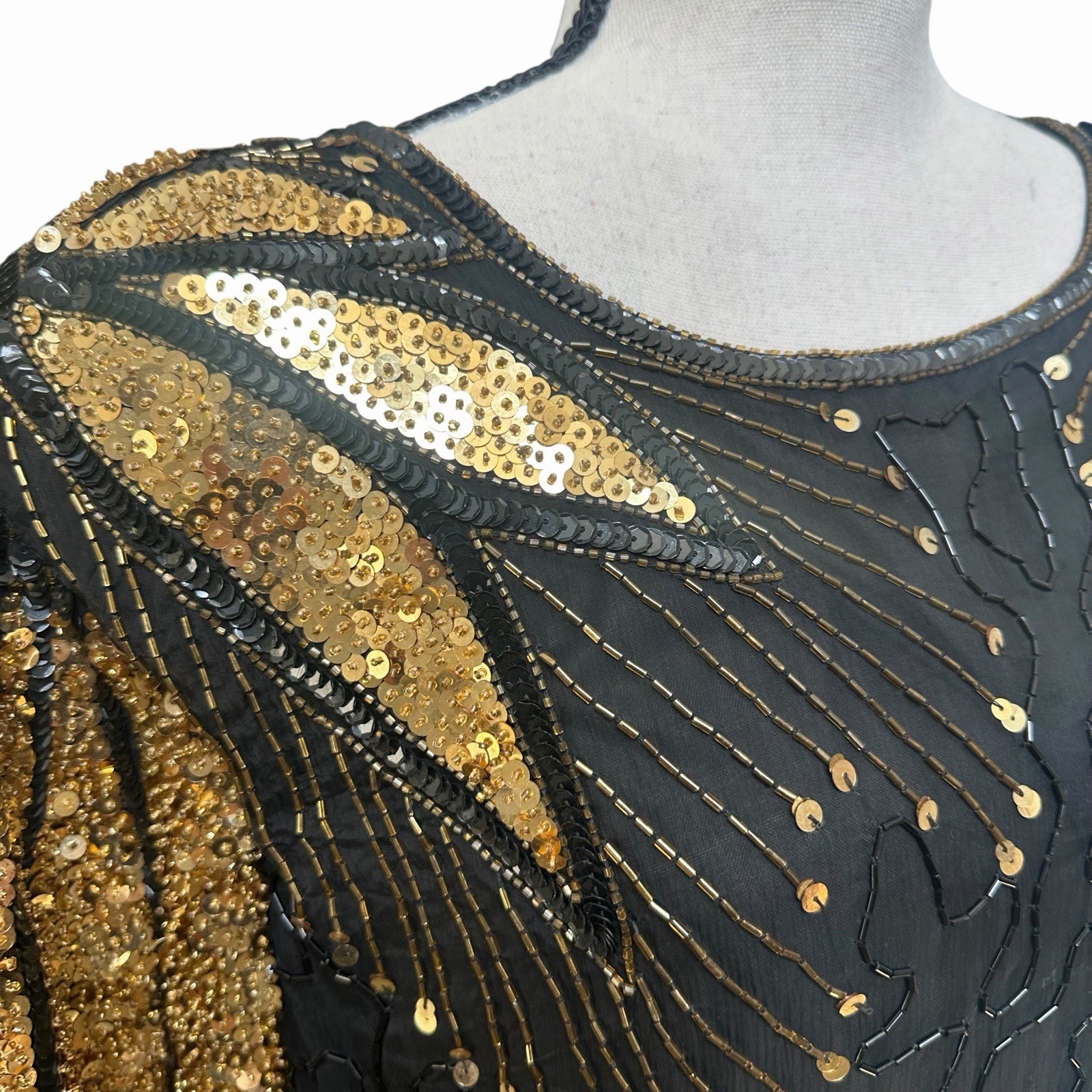 VTG 80s 90s Silk Beaded Sequin Dress Art Deco Gatsby 26W Kazar Style