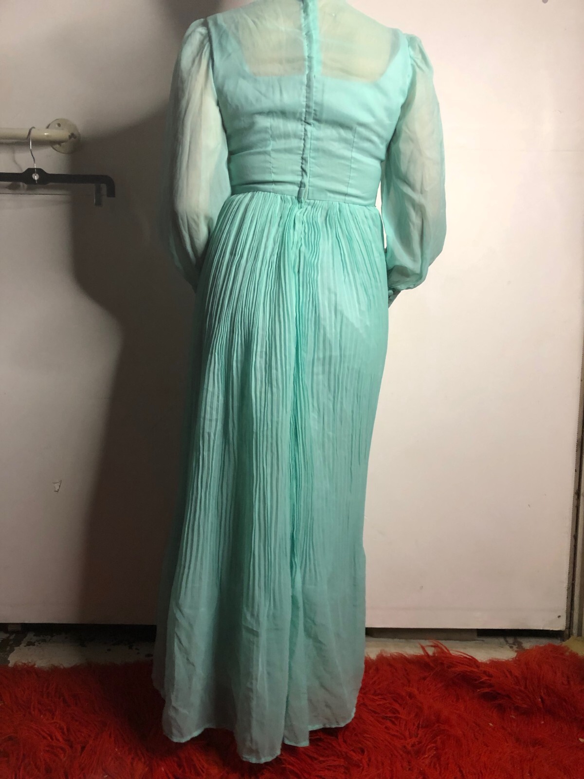 Vintage 1980s Teal Blue Kaftan Dress Chiffon Sleeves Prairie Boho AU 14 16