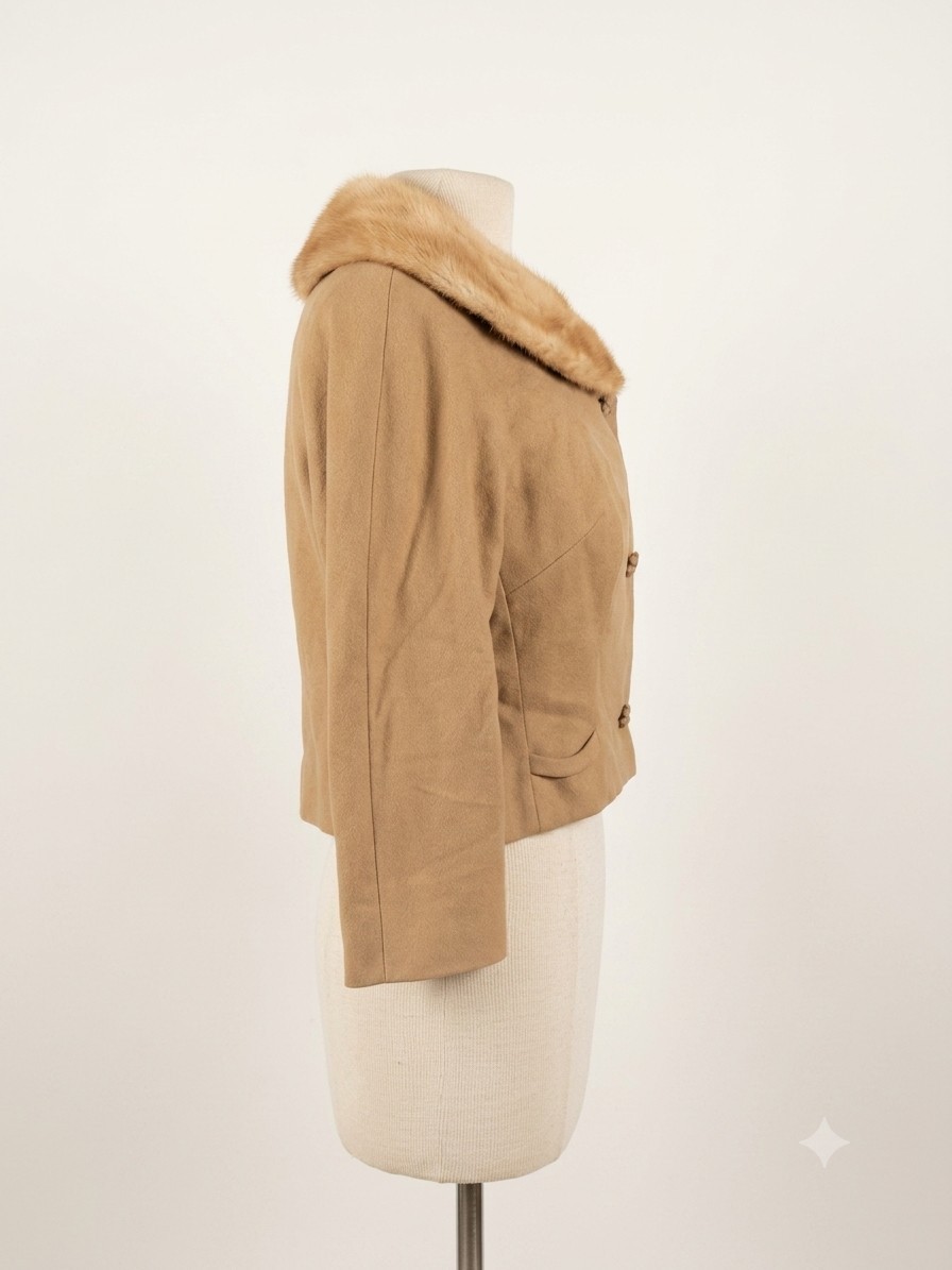 1950’s 60s Cropped Camel Wool Evening Jacket Mink Fur Collar Bracelet Sleeves M