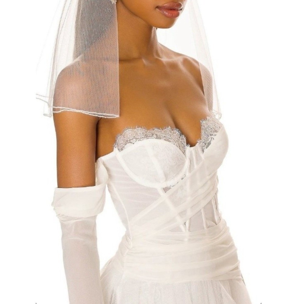 For Love & Lemons Eve Ivory Lace Corset High-Low Tulle Gown Sz Large Wedding