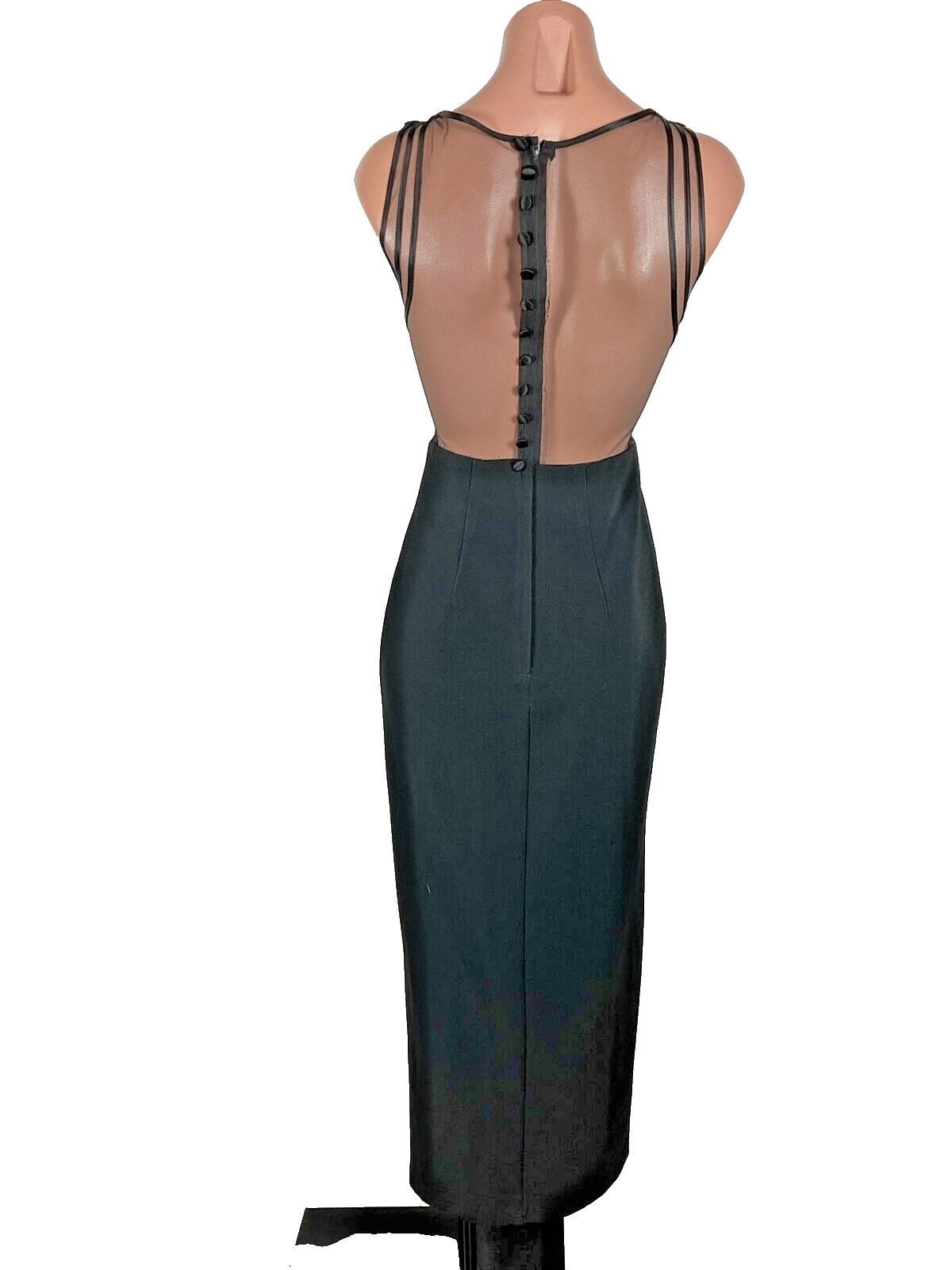 Vintage 90s y2k Black Illusion Caged Neck Backless Button Back Prom Dress 3/4